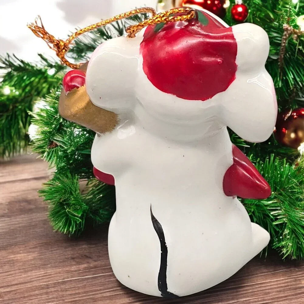 Vtg Ceramic Mouse Christmas Ornament Holding Goldtone Bell 3